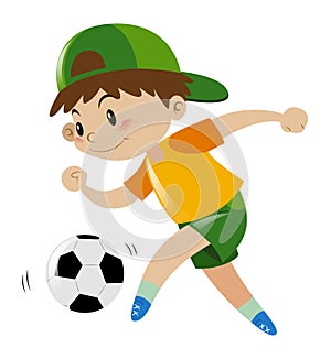 Boy kicking soccer ball alone