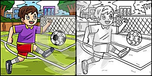 Boy Kicking Soccer Ball Coloring Illustration