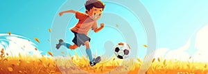 Boy Kicking Soccer Ball in a Grassy Field.