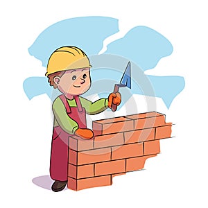 Boy kid builder holding level tool doing brickwork