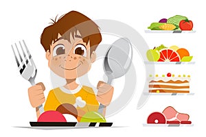 Boy kid child holding spoon and fork eating meal dish