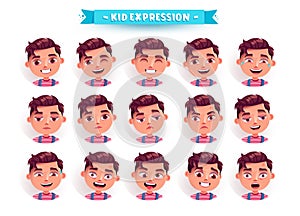 Boy kid faces vector set design. School kid expression set isolated in white background with happy, funny and sad facial reaction