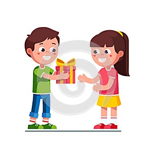 Boy kid giving girl birthday ribbon bow gift box