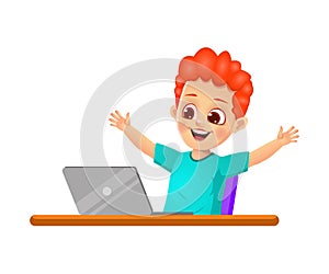 Boy kid is happy by watching laptop