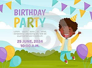 Boy Kid in Hat Jump Enjoy Party Celebration Invitation Card Vector Template