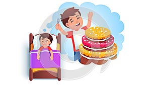 Boy kid sleeping in bed dreaming of eating cake