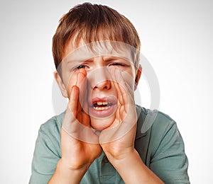 Boy kids teenager calling cries shouts opened his