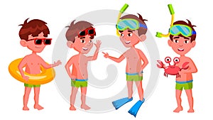 Boy Kindergarten Kid Poses Set Vector. Preschool. Young Positive Person. Undressed. Summer Vacation. Water Park, Pool