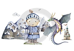 Boy knight and flying dragon around castle. Cartoon hand drawn kid illustration on white background