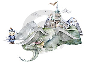 Boy knight and green dragon around mountain and castle. Adventure kid Cartoon hand drawn kid illustration on white