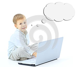 Boy with laptop isolated on white background