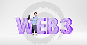 Boy with laptop and web3 sign