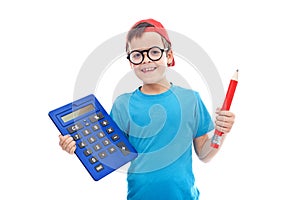 Boy with large calculator and pencil