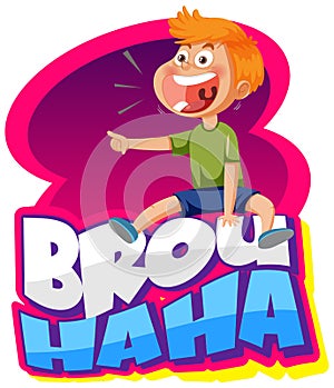 A boy laughing with brouhaha word lext