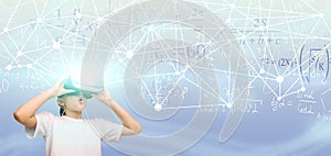 Boy Learning Math Using VR Glasses On Blue Background, Collage