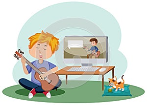 A boy learning to play guitar through online class