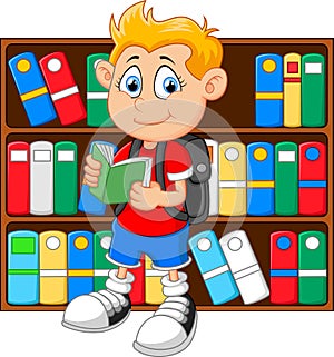 Boy in library cartoon