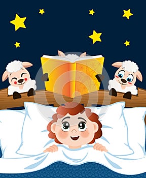 Boy lies on the bed and smiles, sheep read