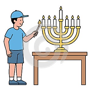 Boy Lighting Menorah Vector Illustration