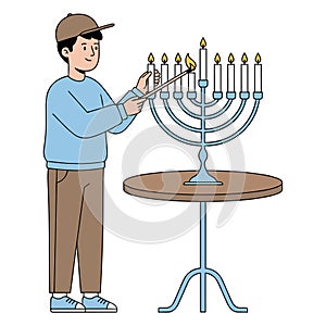 Boy Lighting Menorah Vector Illustration