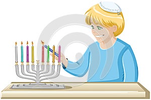 A Boy Lights A Hanukkiah Candle