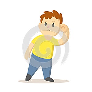 Boy listening carefully with hand to his ear, cartoon character design. Flat vector illustration, isolated on white