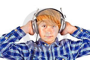 Boy listens to music with his