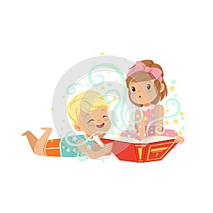 Boy with little girl reading magic book with fantasy stories. Brother and sister characters. Children imagination