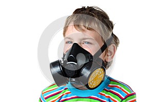 Boy look toward in black respirator photo