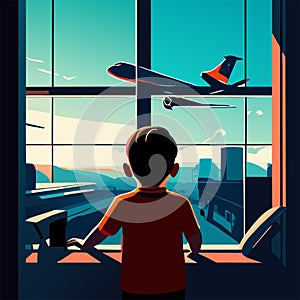 boy looking at airplane window in airport terminal. travel and vacation concept Generative AI