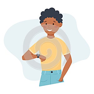 Boy looking at a fitness bracelet on his wrist. Using smart watch. Vector flat illustration of an African American man.