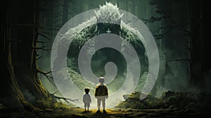 A boy looking at a giant creature in the woods