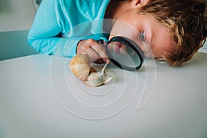 Boy looking at giant snail through magnifying glass