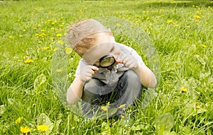 Boy looking through a magnifying glass on the grass