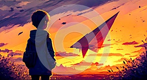 Boy looking at paper airplane at sunset. Generative AI