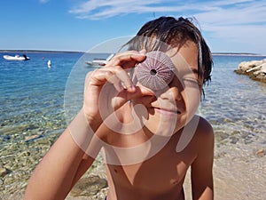 Boy looking through sea urchin on the beach