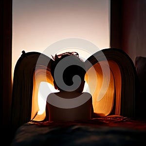 Boy looking at the sunset with a gigant book photo