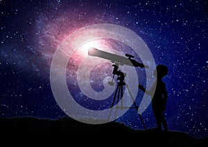 Boy looking through a telescope