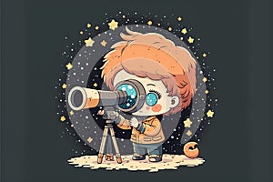 a boy looking through a telescope at the stars with a telescope in his hand and a star in the background with a little boy