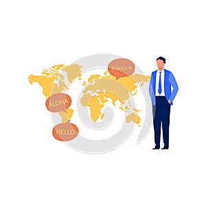 A boy is looking at a world map