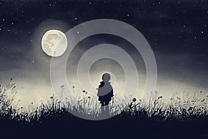 boy looks at the moon in the night sky, standing on summer field