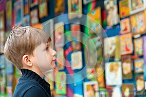 The boy looks at the paintings at the exhibition of pictorial art and creativity