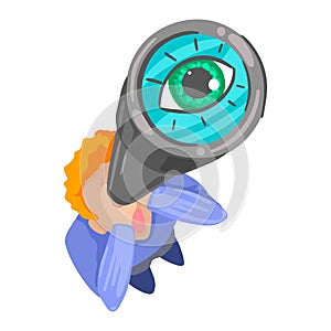 Boy looks into the sky through a telescope. Surprised or scared. Vector isoleted illustration