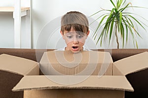 Boy looks in surprise in large open box. Surprise for the child