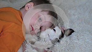 A boy, lying in his bedroom, on a beautiful white dog, with a brown ear, in bed.