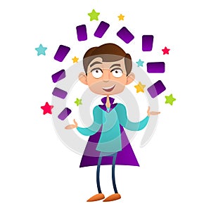 The boy magician showing trick with cards vector flat