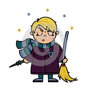 Boy magician vector icon. A wizard student in a gray-green scarf holds a magic wand and a flying broom in his hands
