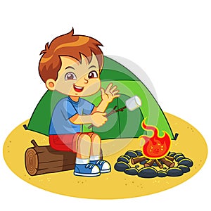 Boy Making Campfire And Baking Marshmallow