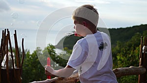 The boy is making soap bubbles. Panoramic view. Closeup.