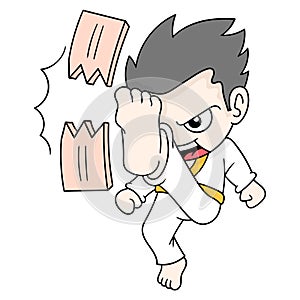 Boy martial arts athlete practicing kicking breaking a wooden plank, doodle icon image kawaii